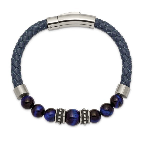 Blue Leather and Stainless Steel Bracelet with Multicolor Tiger's Eye Round Bead Stones, Separated by Two Antiqued Stainless Steel Elements and Two High Polished Stainless Steel Elements. 8.25 inches