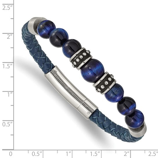 Blue Leather and Stainless Steel Bracelet with Multicolor Tiger's Eye Round Bead Stones, Separated by Two Antiqued Stainless Steel Elements and Two High Polished Stainless Steel Elements. 8.25 inches