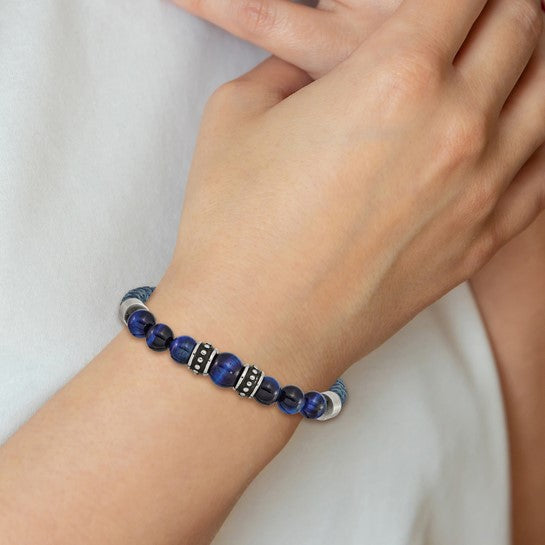 Blue Leather and Stainless Steel Bracelet with Multicolor Tiger's Eye Round Bead Stones, Separated by Two Antiqued Stainless Steel Elements and Two High Polished Stainless Steel Elements. 8.25 inches