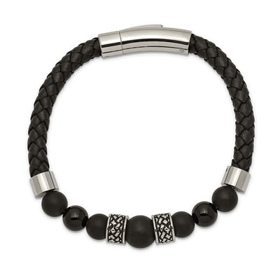Black Leather and Stainless Steel Bracelet with Round Black Agate, Separated by Two Antiqued Stainless Steel Elements and Two High Polished Stainless Steel Elements, 8.25 inches