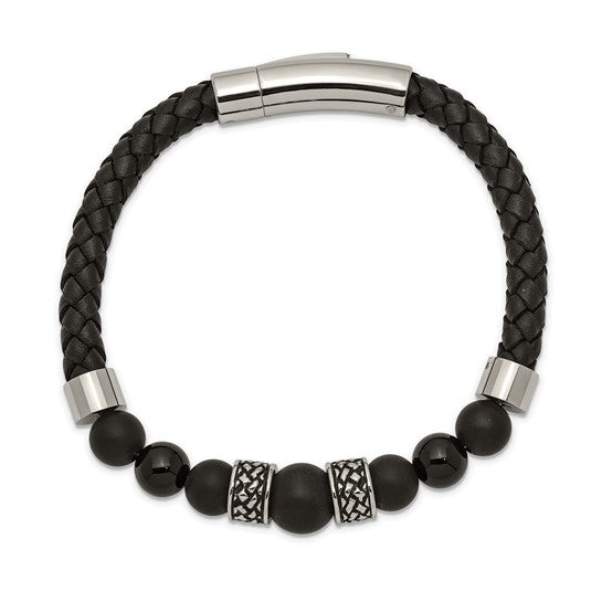 Black Leather and Stainless Steel Bracelet with Round Black Agate, Separated by Two Antiqued Stainless Steel Elements and Two High Polished Stainless Steel Elements, 8.25 inches