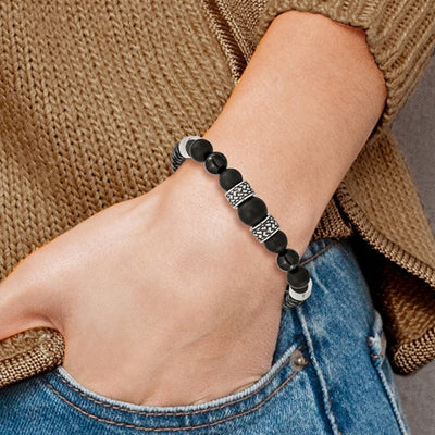 Black Leather and Stainless Steel Bracelet with Round Black Agate, Separated by Two Antiqued Stainless Steel Elements and Two High Polished Stainless Steel Elements, 8.25 inches