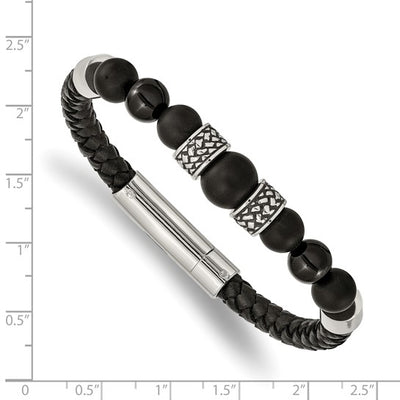 Black Leather and Stainless Steel Bracelet with Round Black Agate, Separated by Two Antiqued Stainless Steel Elements and Two High Polished Stainless Steel Elements, 8.25 inches