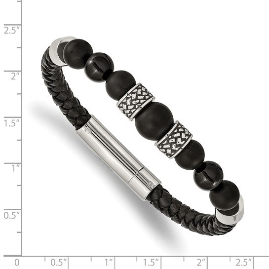 Black Leather and Stainless Steel Bracelet with Round Black Agate, Separated by Two Antiqued Stainless Steel Elements and Two High Polished Stainless Steel Elements, 8.25 inches