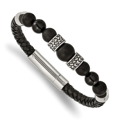 Black Leather and Stainless Steel Bracelet with Round Black Agate, Separated by Two Antiqued Stainless Steel Elements and Two High Polished Stainless Steel Elements, 8.25 inches