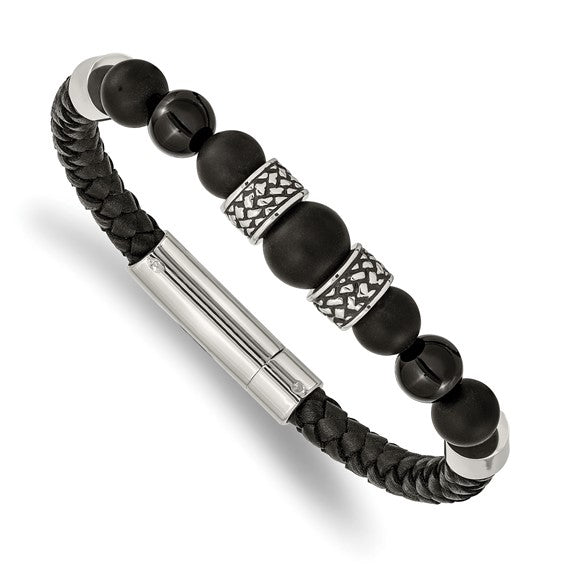 Black Leather and Stainless Steel Bracelet with Round Black Agate, Separated by Two Antiqued Stainless Steel Elements and Two High Polished Stainless Steel Elements, 8.25 inches