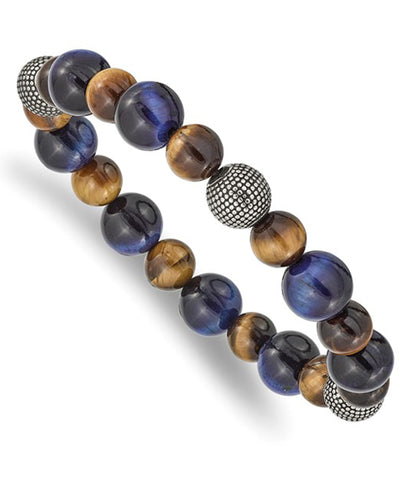 Stainless Steel Brown Blue Tiger's Eye Strech Bracelet