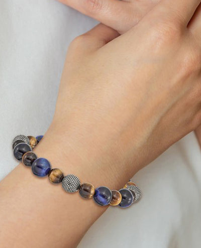 Stainless Steel Brown Blue Tiger's Eye Strech Bracelet