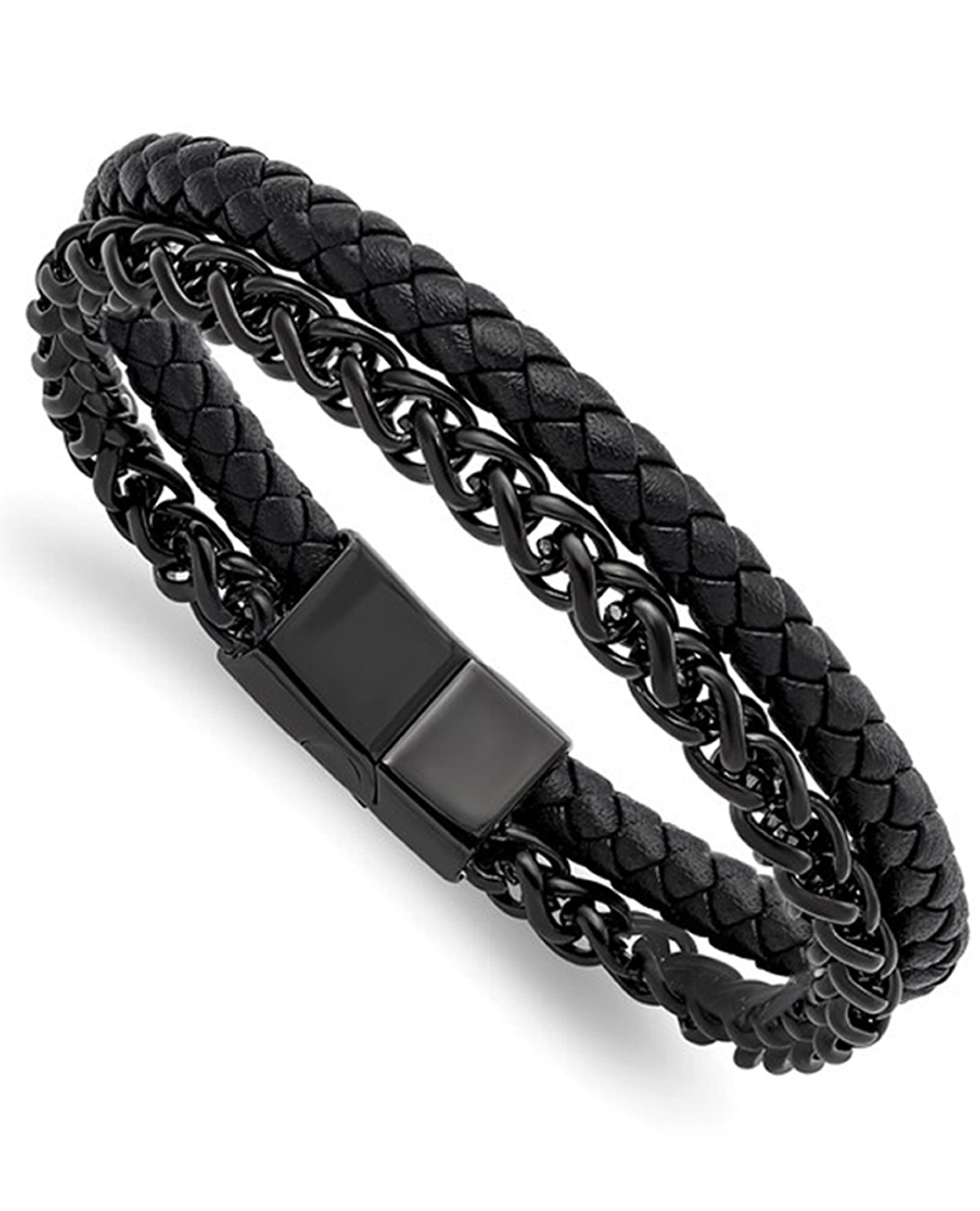 Stainless Steel Black Chain and Leather Bracelet
