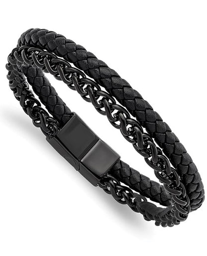 Stainless Steel Black Chain and Leather Bracelet