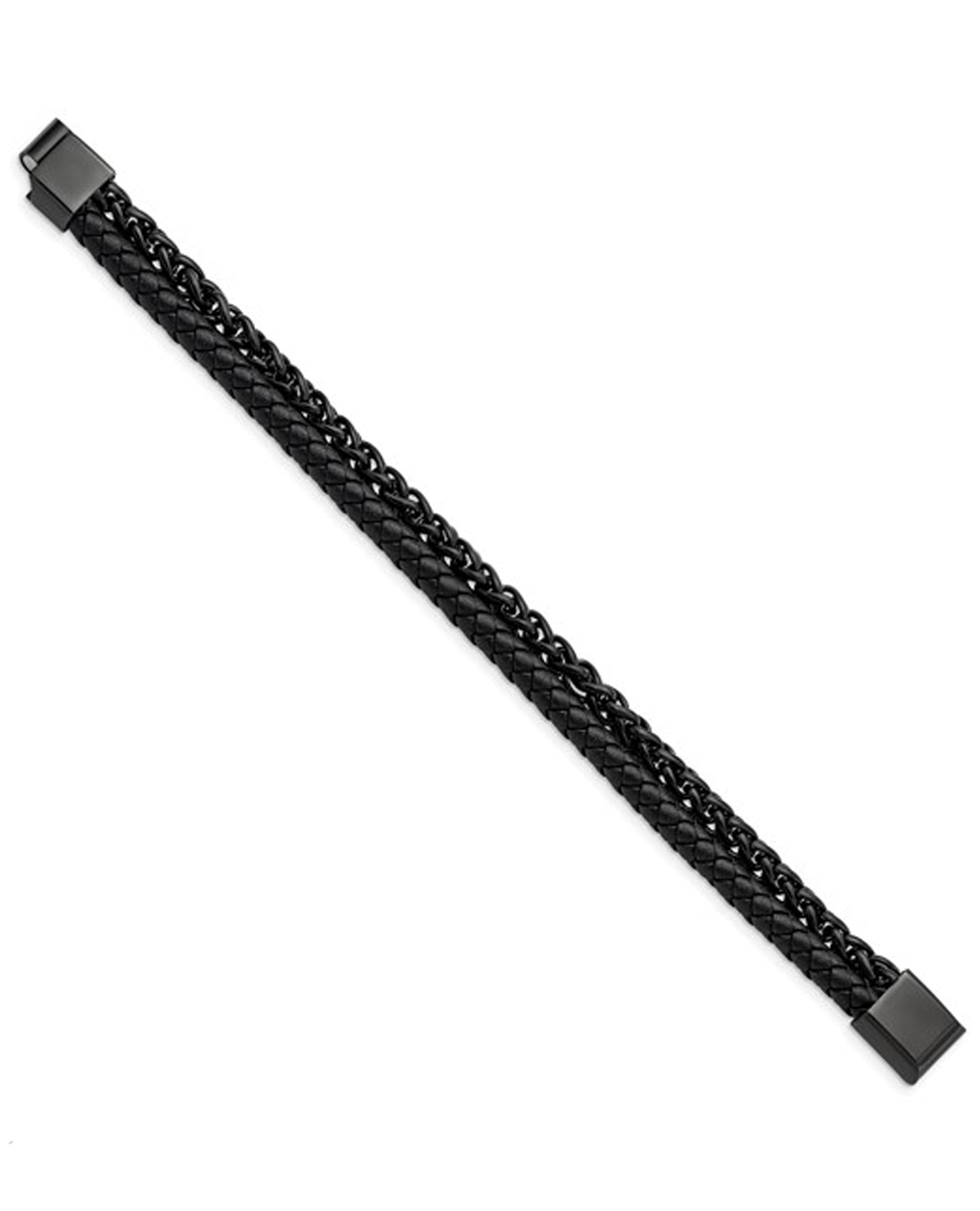 Stainless Steel Black Chain and Leather Bracelet