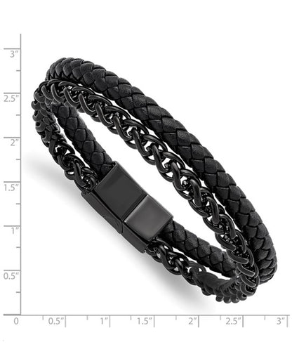 Stainless Steel Black Chain and Leather Bracelet
