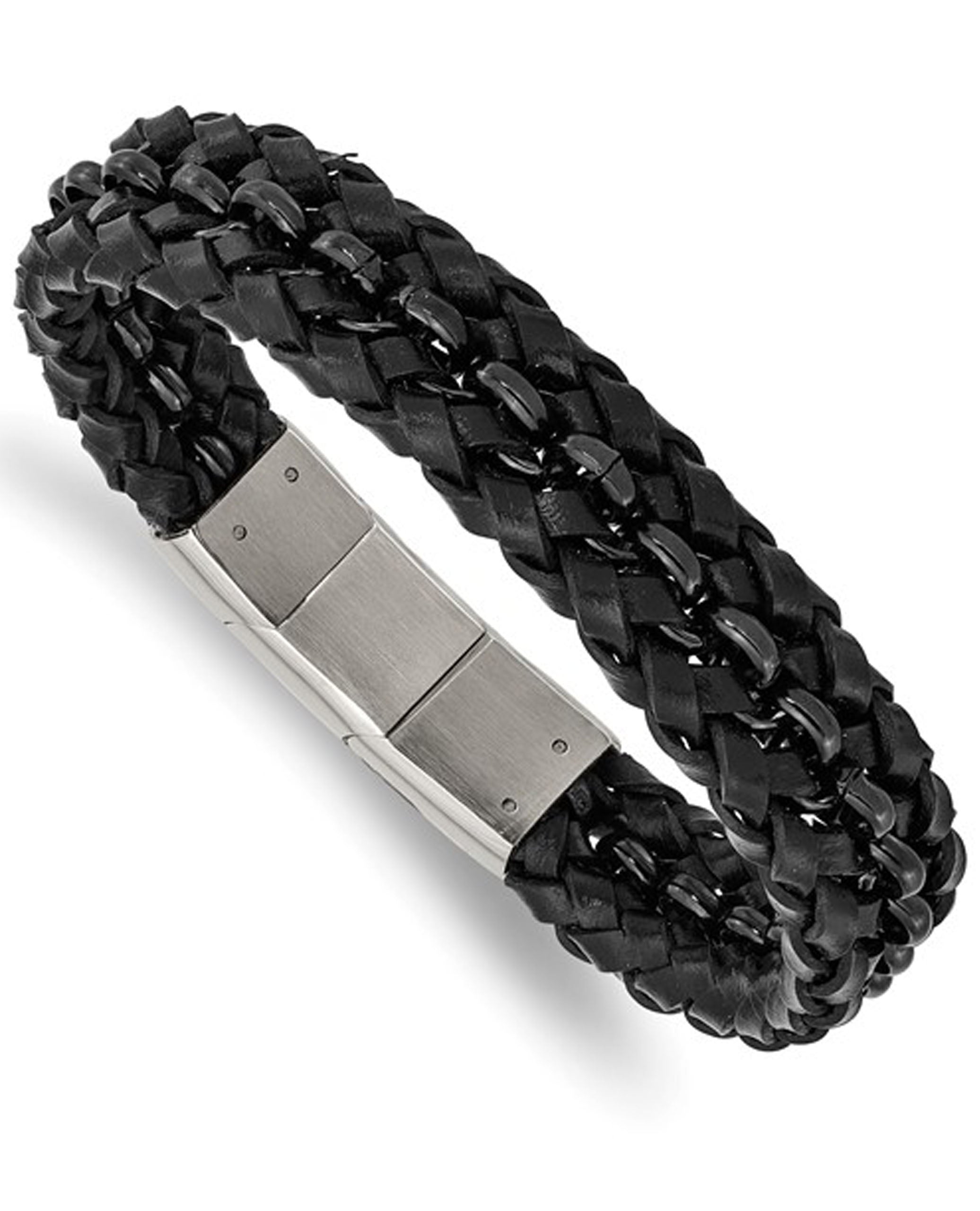 Stainless Steel Black Leather Bracelet