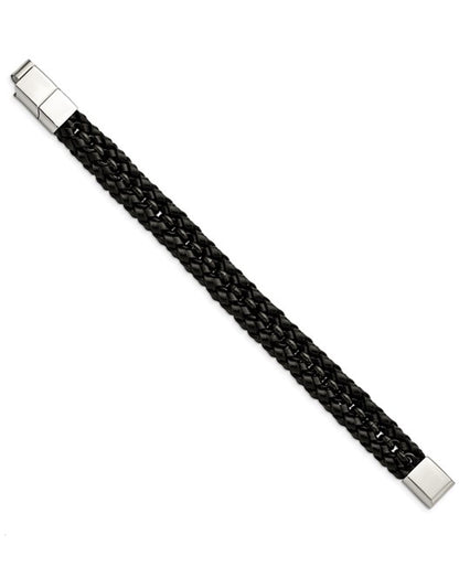Stainless Steel Black Leather Bracelet