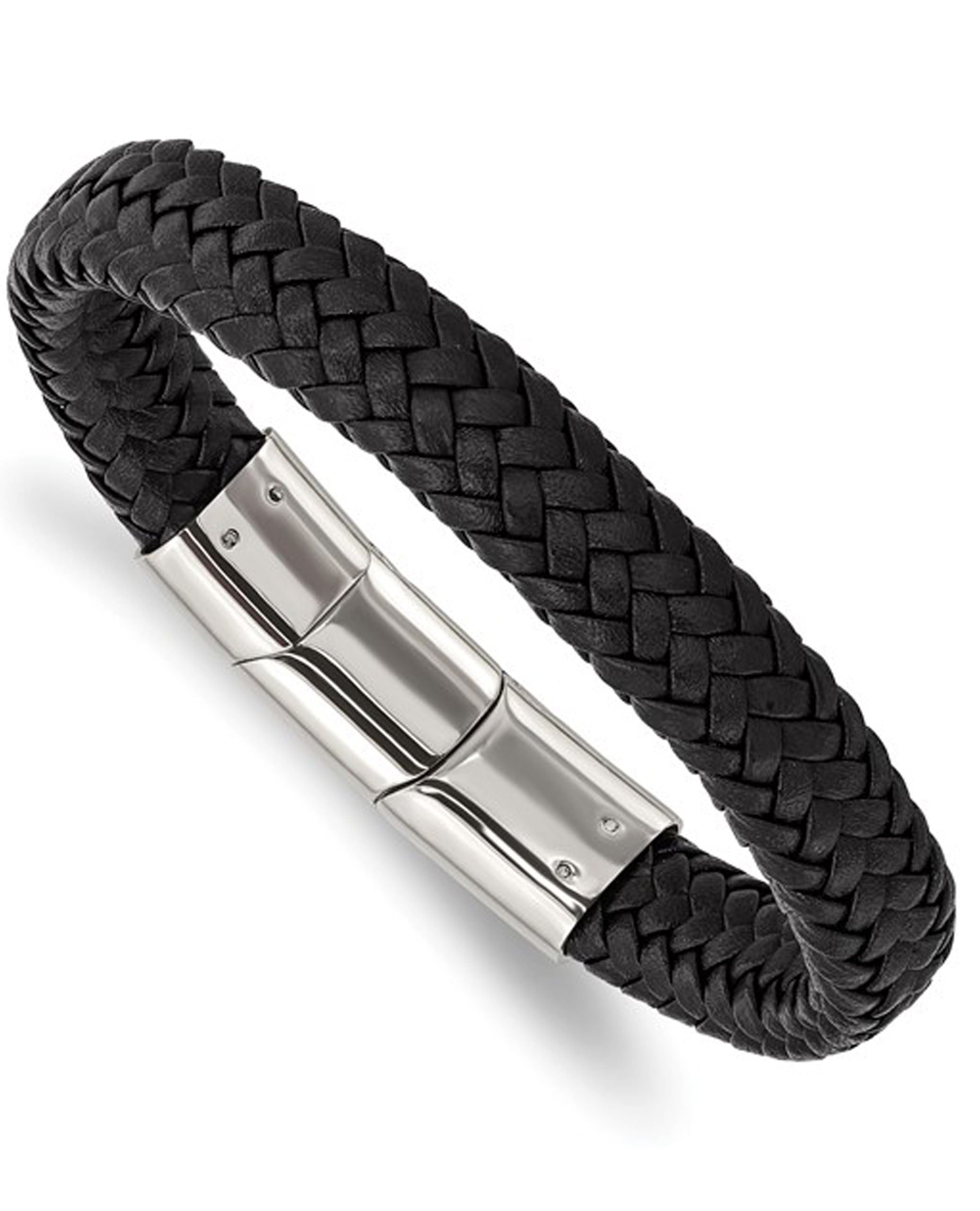 Stainless Steel Black Woven Leather Bracelet