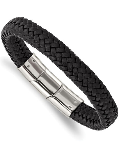 Stainless Steel Black Woven Leather Bracelet