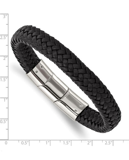 Stainless Steel Black Woven Leather Bracelet