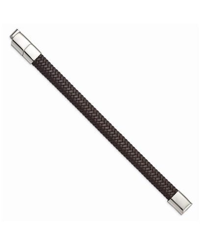 Stainless Steel and Dark Brown Leather Bracelet