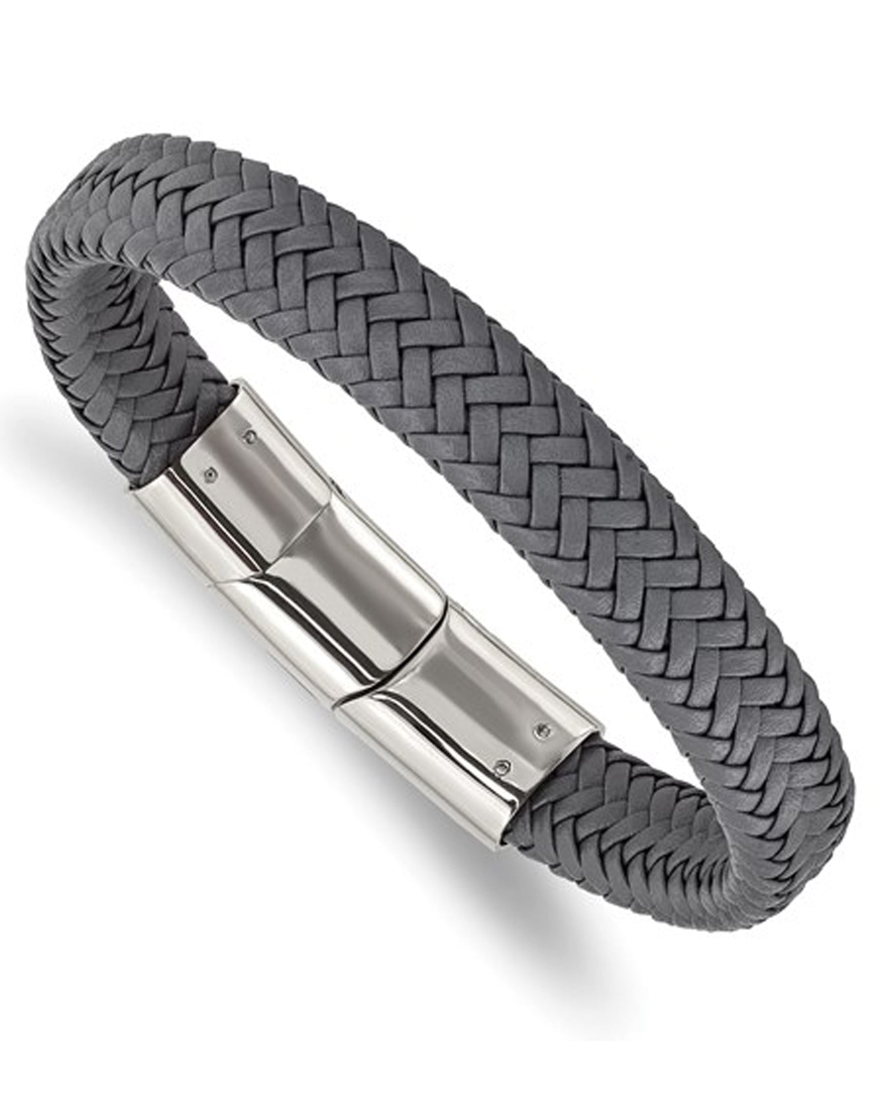 Leather Grey Braided Bracelet with High Polish Stainless Steel Clasp, Adjustable Length 8.0 to 8.5 Inches