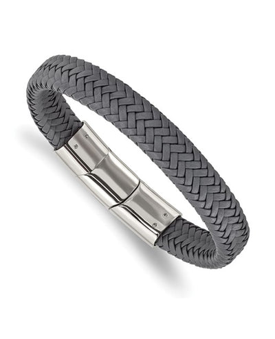 Stainless Steel and Grey Leather Bracelet