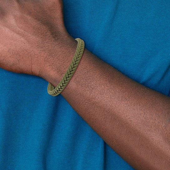 Green Braided Silicone Bracelet with Stainless Steel Clasp, 8 Inches