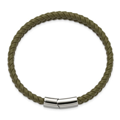 Green Braided Silicone Bracelet with Stainless Steel Clasp, 8 Inches