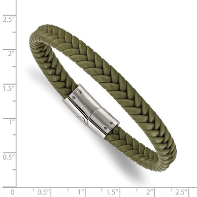 Green Braided Silicone Bracelet with Stainless Steel Clasp, 8 Inches