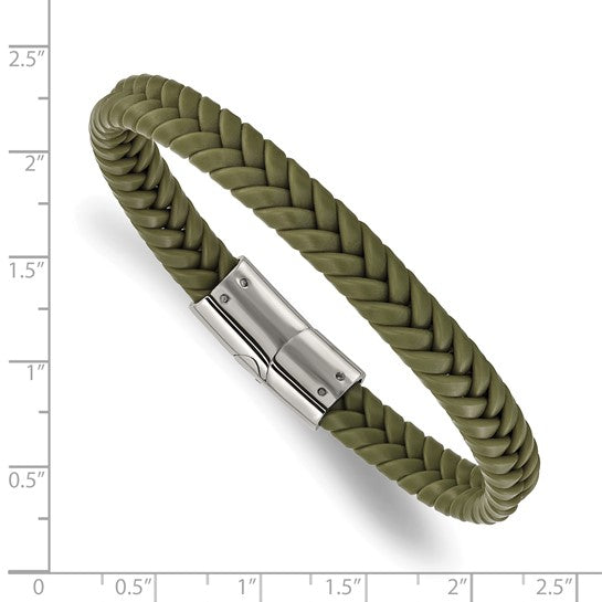 Green Braided Silicone Bracelet with Stainless Steel Clasp, 8 Inches