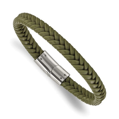 Green Braided Silicone Bracelet with Stainless Steel Clasp, 8 Inches