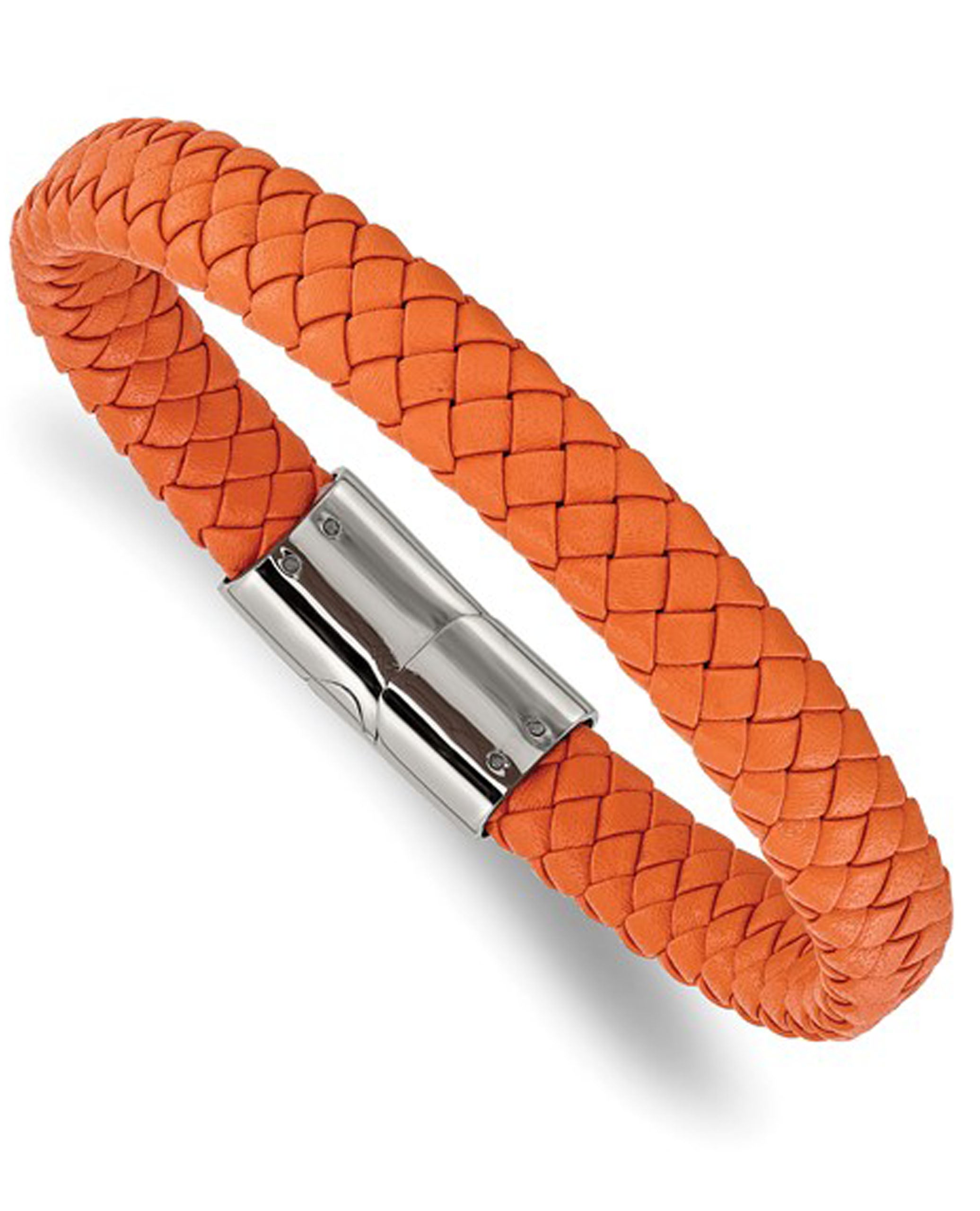 Stainless Steel Braided Orange Leather Bracelet