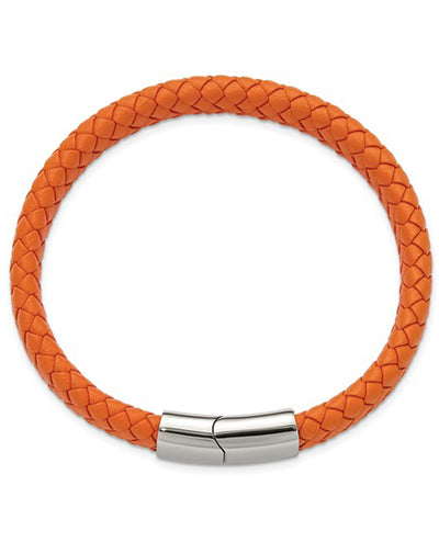 Stainless Steel Braided Orange Leather Bracelet