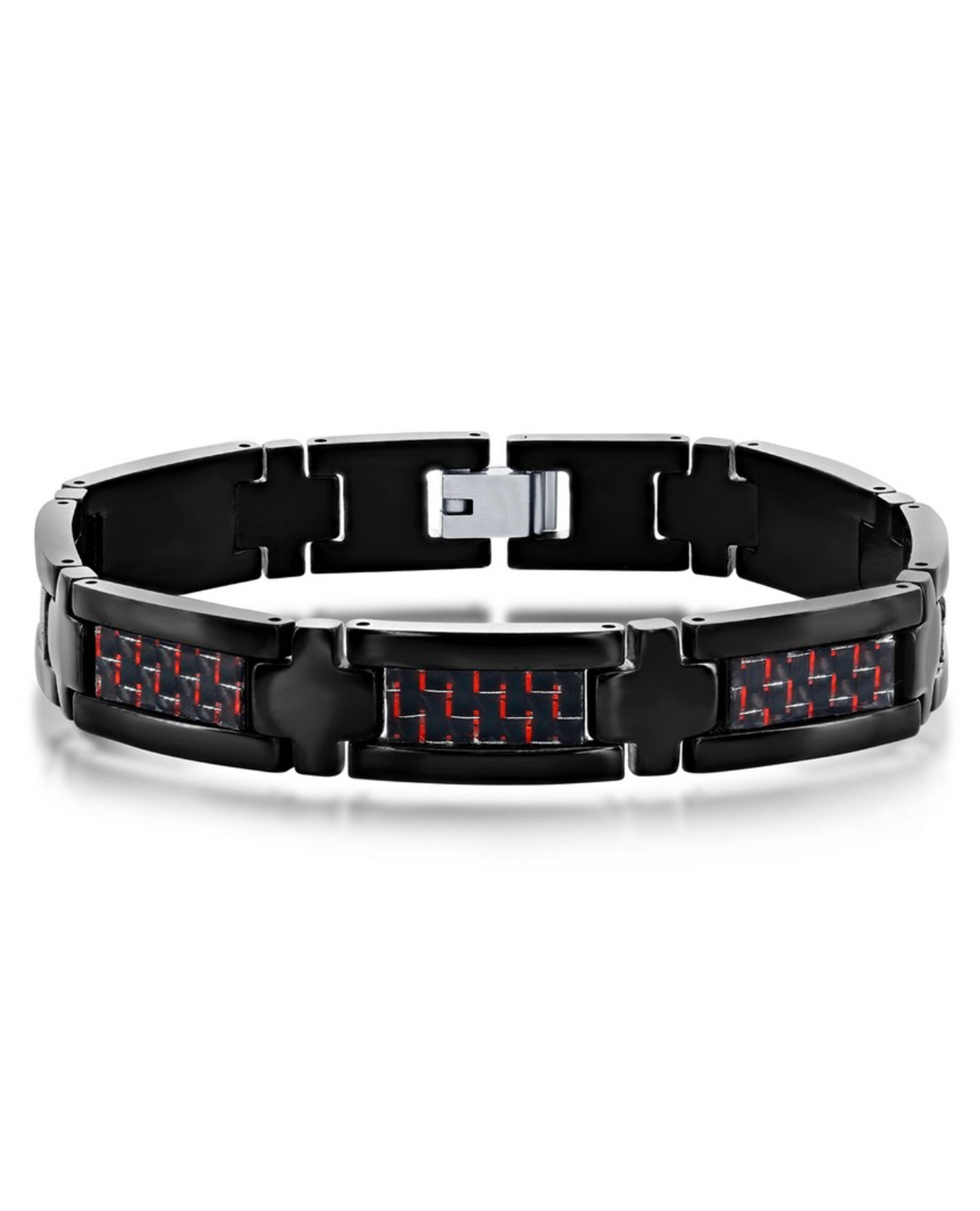 Men's Stainless Steel Carbon Fiber Bracelet in Black and Red