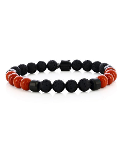 Beaded Men's Stainless Steel Bracelet, 8mm Genuine Lava Stone & Red Fossil, 8.5 Inches