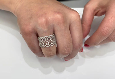 Vanna K Wide 14 Millimeter Diamond Ring in 18K White Gold with Repeating "S" Motif, Round Diamonds Totaling 0.69 Carats