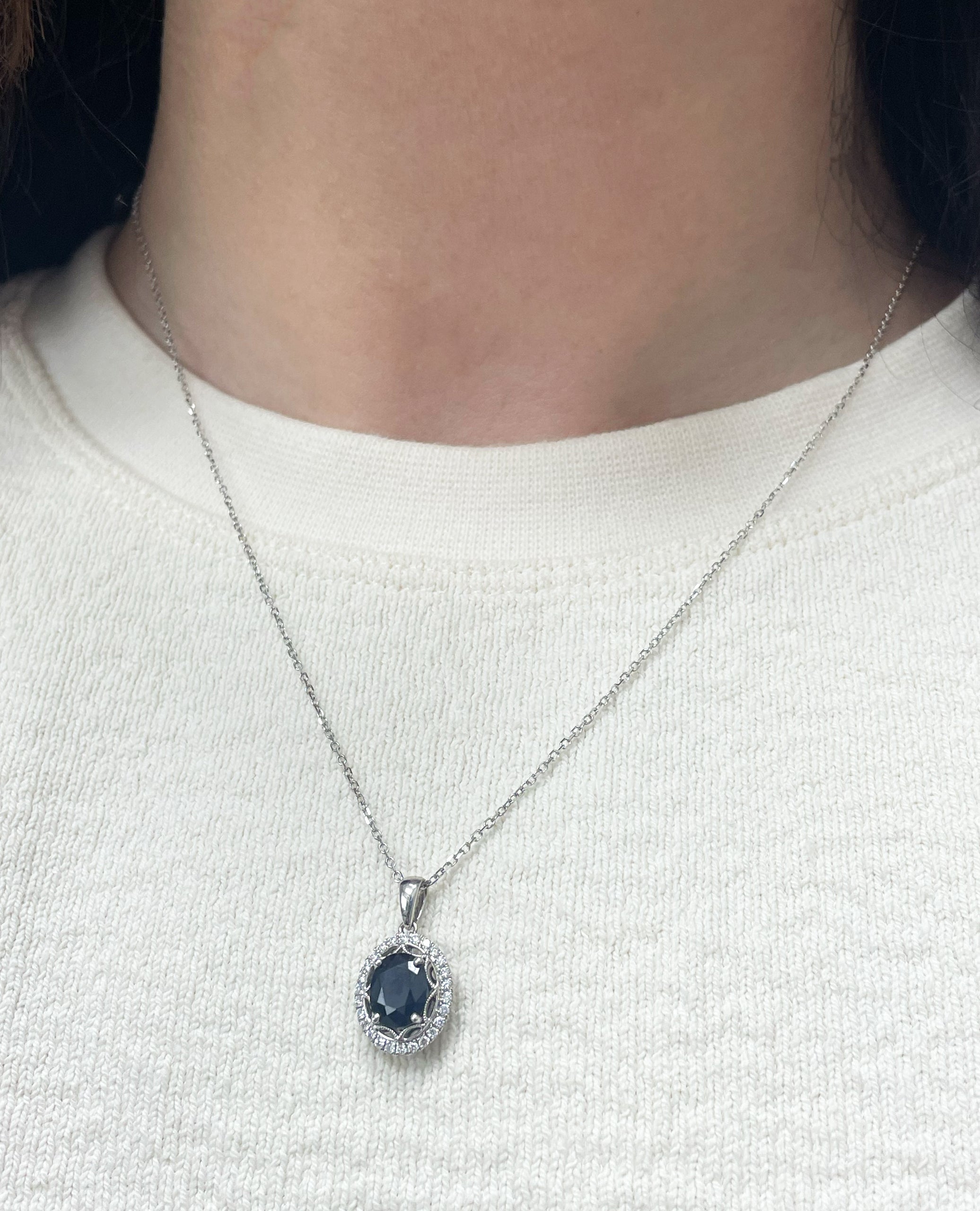 14K White Gold Blue Sapphire & Diamond Pendant Necklace