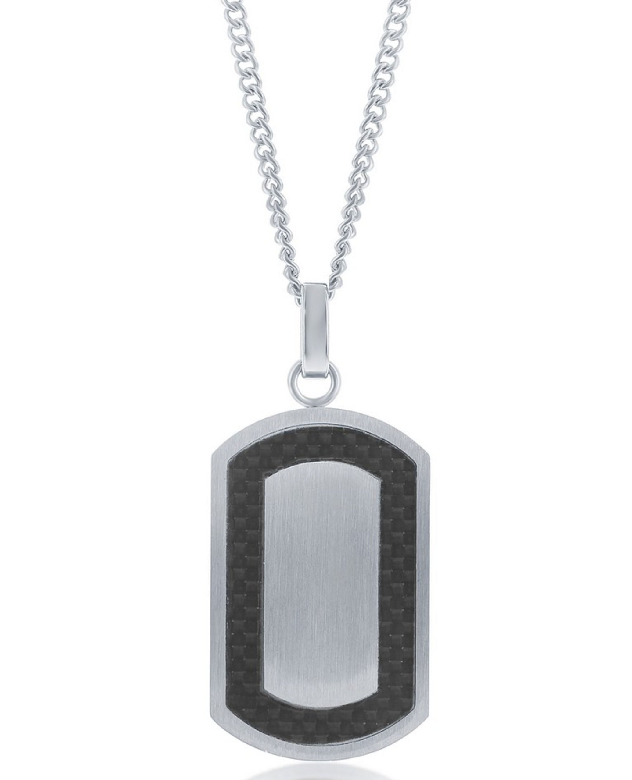 Mens Stainless Steel Matte Carbon Fiber Border Dog Tag Necklace