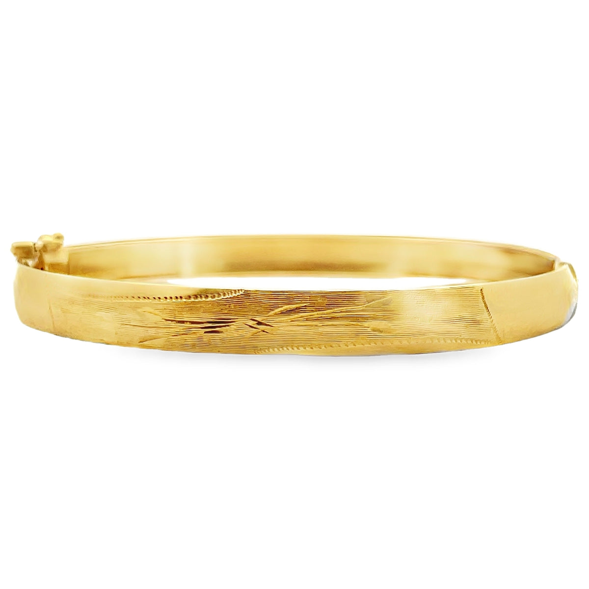 Pre-owned Vintage 18K Yellow Gold Hinged Bangle Bracelet with Safety Clasp and Floral Elongated Engraved Detail