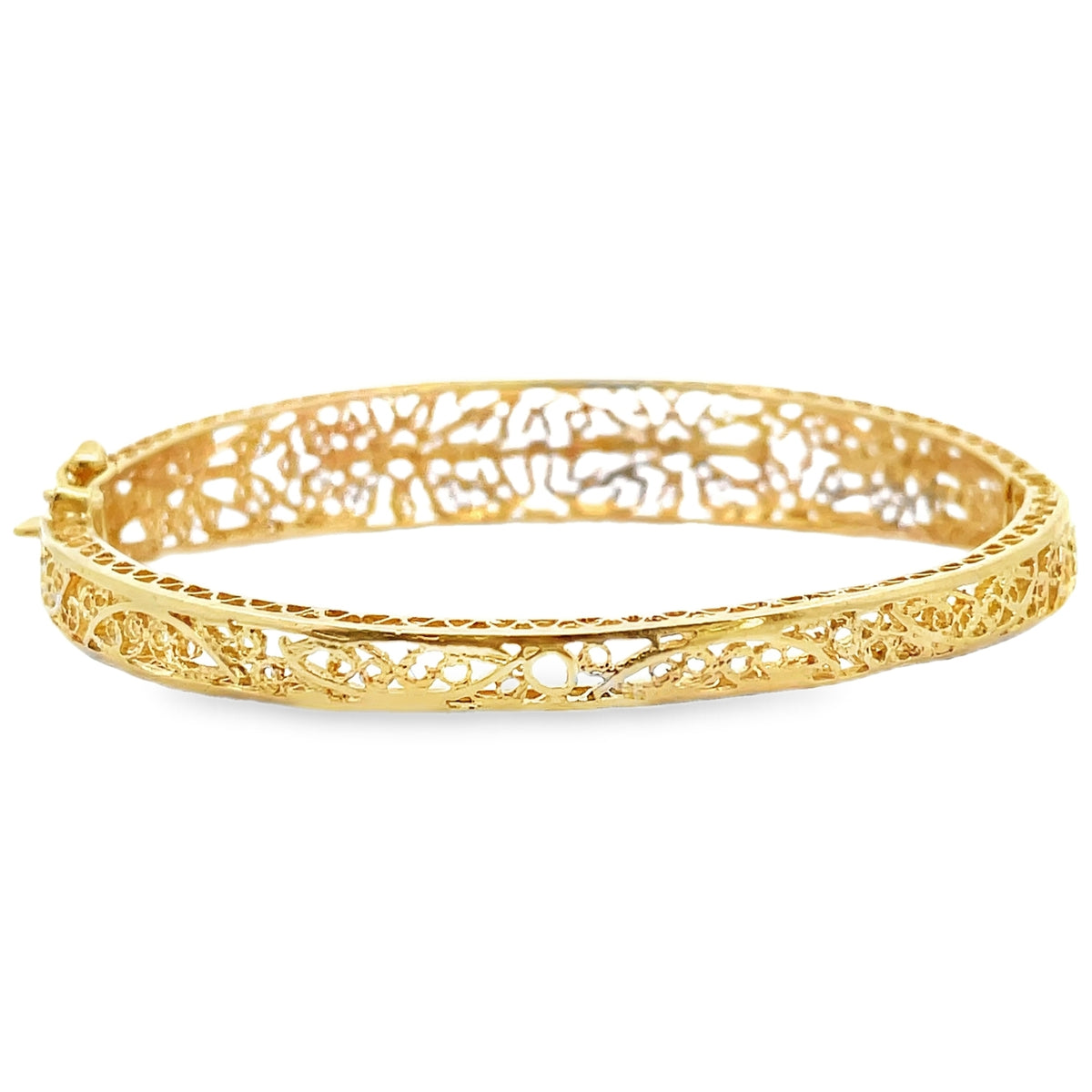 Pre-Owned Vintage 14K Yellow Gold Open-Work Scroll and Filigree Detailed Hinged Bangle Bracelet with Safety Clasp