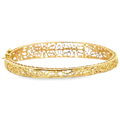 Pre-Owned Vintage 14K Yellow Gold Open-Work Scroll and Filigree Detailed Hinged Bangle Bracelet with Safety Clasp