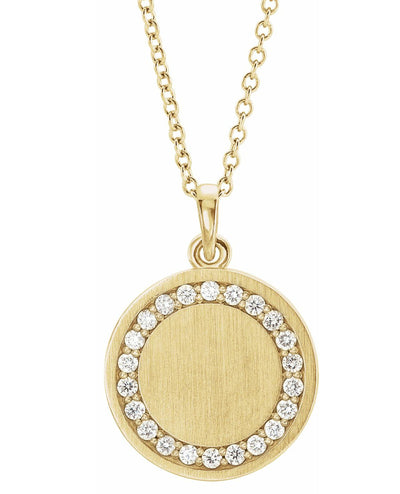 14K Yellow Gold Engravable Circle Necklace With 0.22 Carat Round Diamonds Along the Circle