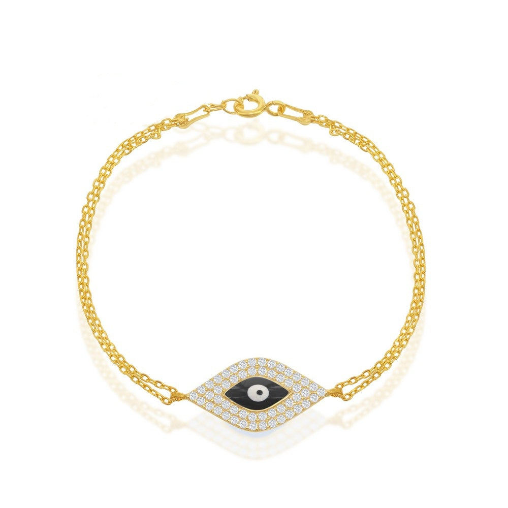 Sterling Silver Evil Eye Double Stranded Bracelet with Gold Plating and Circular Spring Lock