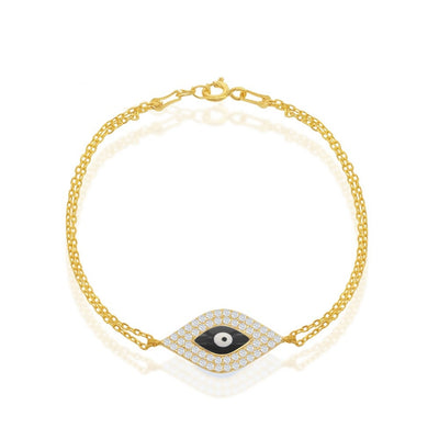 Sterling Silver Evil Eye Double Stranded Bracelet with Gold Plating and Circular Spring Lock