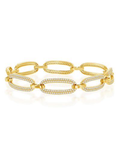 Sterling Silver Micro Pave Linked Oval Bracelet with Gold Plating