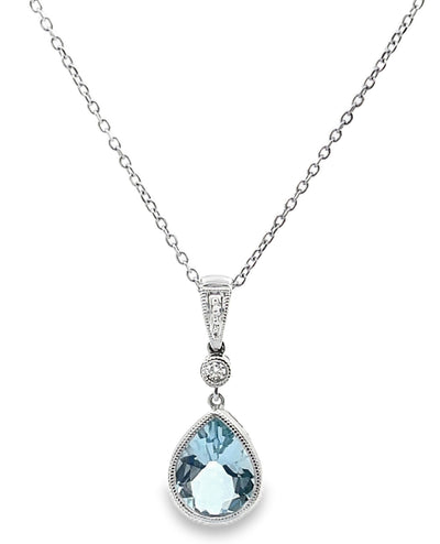 14K White Gold Pear Shaped Aquamarine & Diamond Pendant
