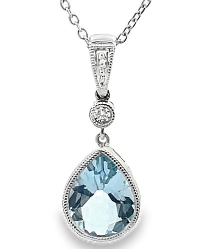 14K White Gold Pear Shaped Aquamarine & Diamond Pendant