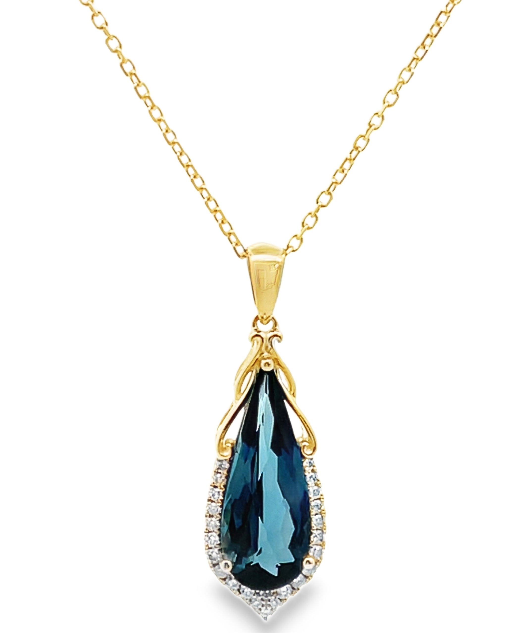 14K Yellow Gold Blue Topaz & Diamond Pendant Necklace