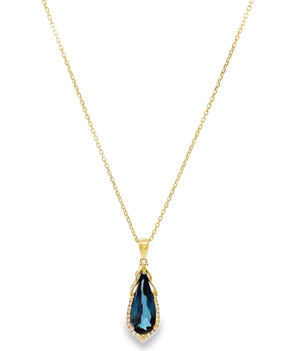 14K Yellow Gold Blue Topaz & Diamond Pendant Necklace
