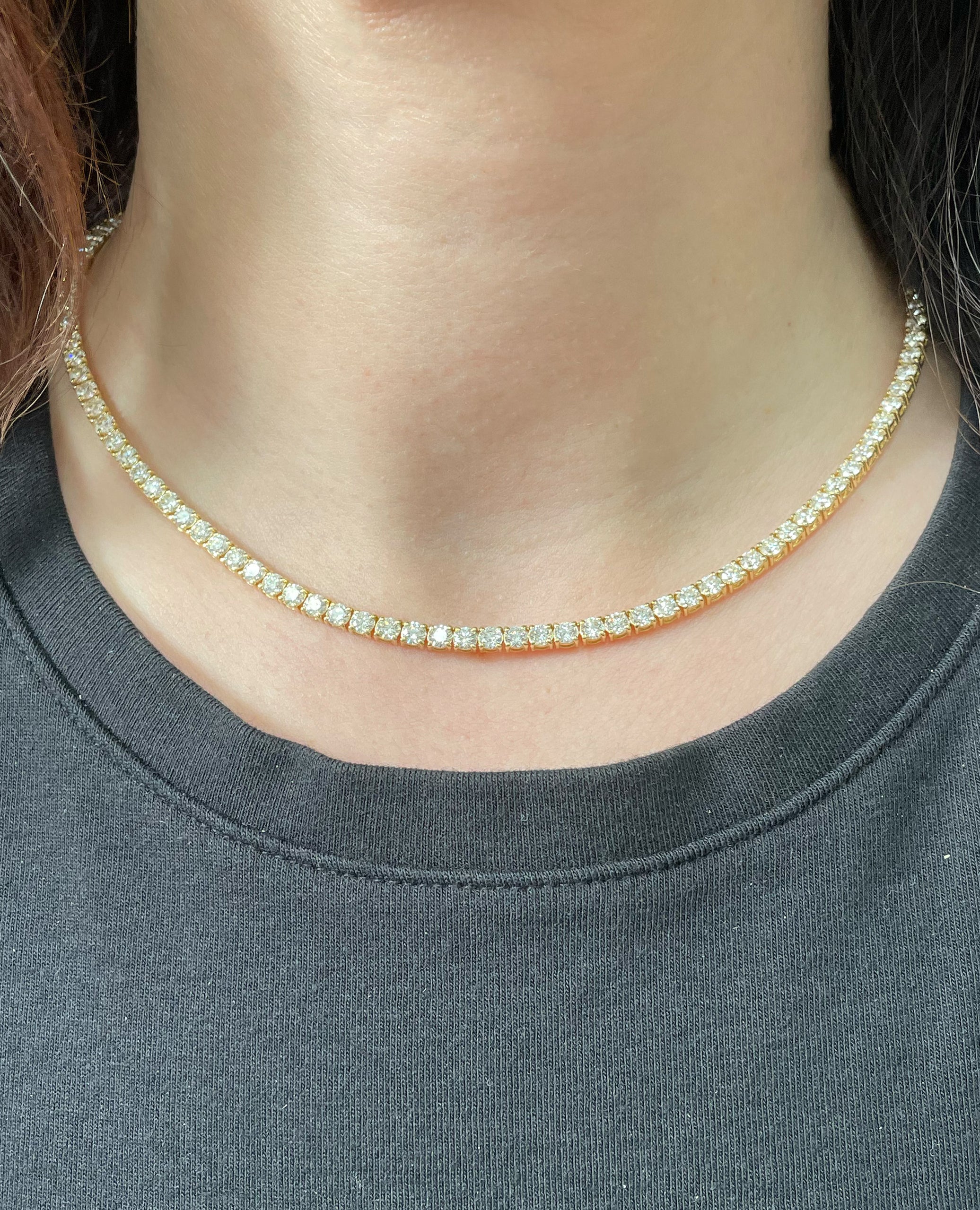 18K Yellow Gold Lab Grown 16.83 Carat Round Diamond Tennis Necklace