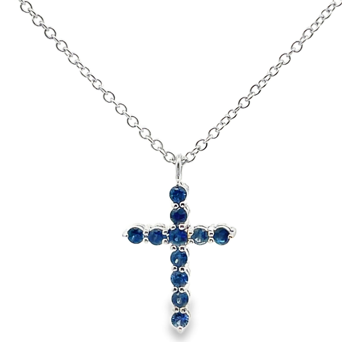 18K White Gold Reversible Blue Sapphire & Diamond Cross Pendant Necklace