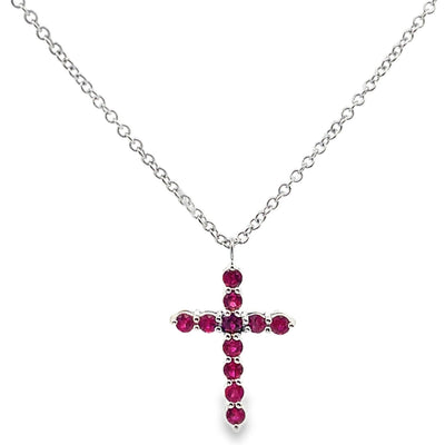 18K White Gold Reversible Rubies & Diamond Cross Pendant Necklace